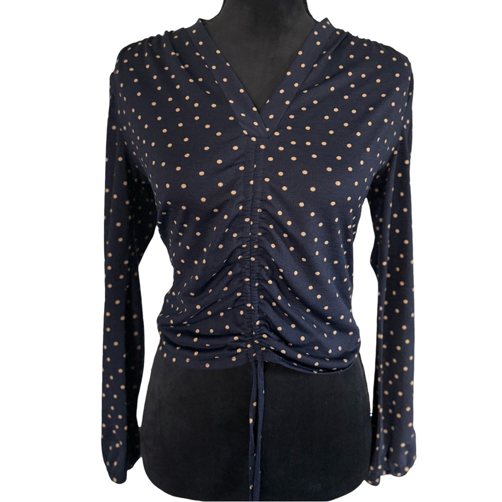 Adrianna Papell Navy Polka Dot Ruched Long Sleeve Blouse | Size S